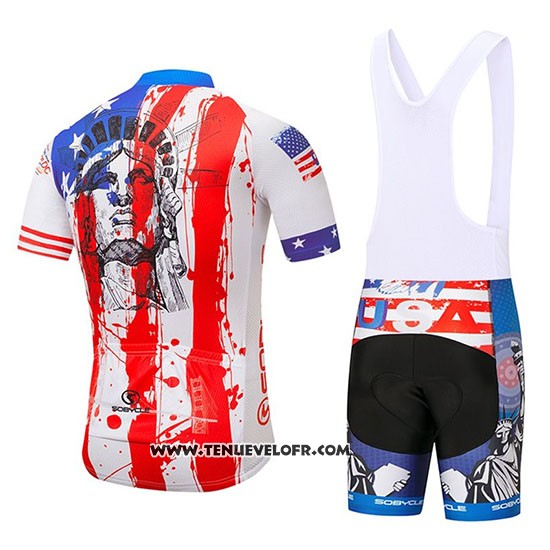 2020 Maillot Ciclismo USA Bleu Rouge Blanc Manches Courtes et Cuissard